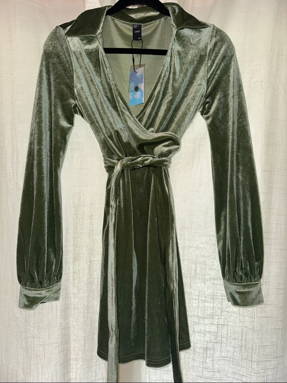 Cider Olive Green Velvet Wrap Dress with Tie Waist